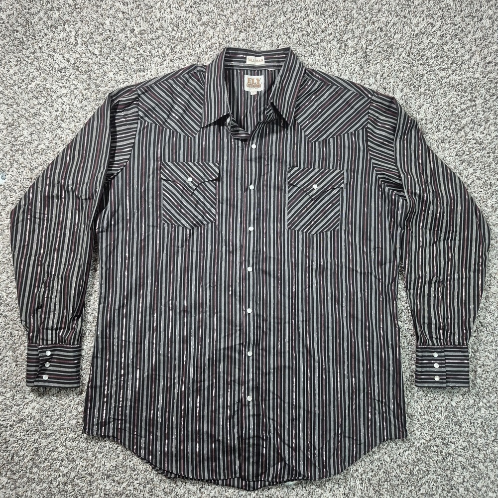 Ely Cattleman‎ Button Down Mens XLT Black Stripes Silver Shimmer Pearl Snap